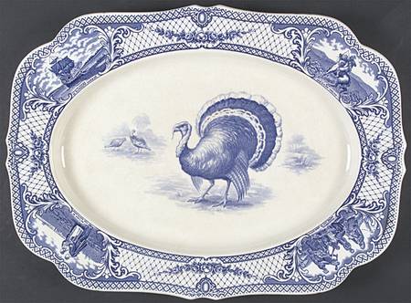 Colonial Times Blue (Floral & Scene Border) 20" Oval Serving Platter