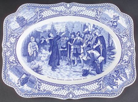 Colonial Times Blue (Floral & Scene Border) 10" Oval Serving Platter