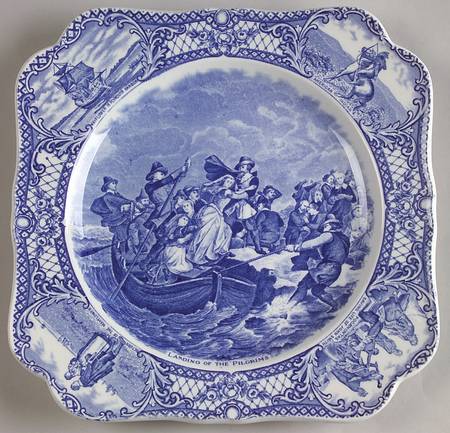 Colonial Times Blue (Floral & Scene Border) Square Luncheon Plate