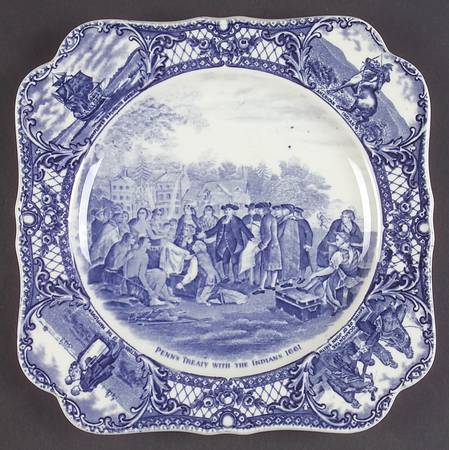 Colonial Times Blue (Floral & Scene Border) Square Luncheon Plate