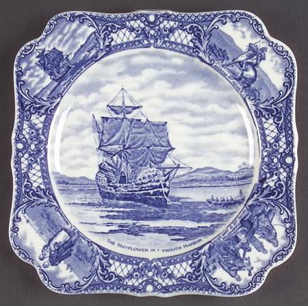 Colonial Times Blue (Floral & Scene Border) Square Luncheon Plate