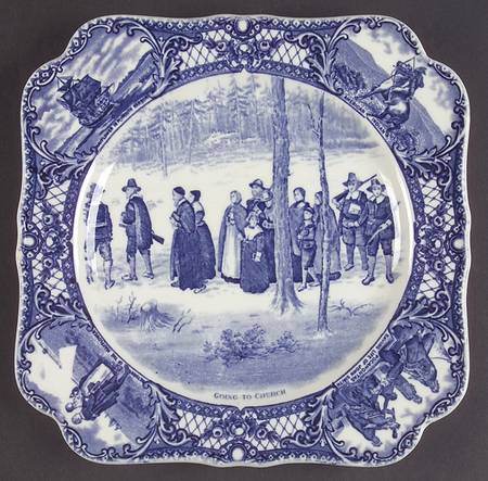 Colonial Times Blue (Floral & Scene Border) Square Luncheon Plate
