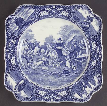 Colonial Times Blue (Floral & Scene Border) Square Luncheon Plate