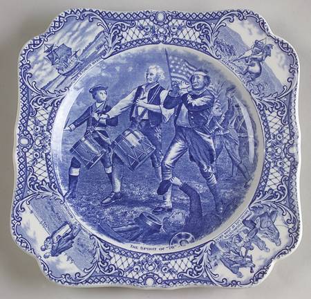 Colonial Times Blue (Floral & Scene Border) Square Luncheon Plate