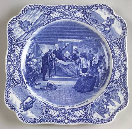 Colonial Times Blue (Floral & Scene Border) Square Luncheon Plate