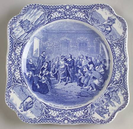 Colonial Times Blue (Floral & Scene Border) Square Luncheon Plate