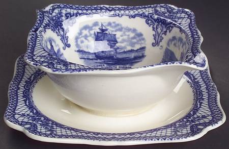 Colonial Times Blue (Floral & Scene Border) Gravy Boat with Attached Underplate