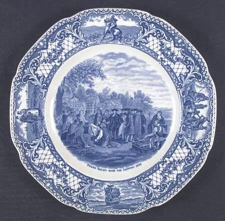 Colonial Times Blue (Floral & Scene Border) Dinner Plate