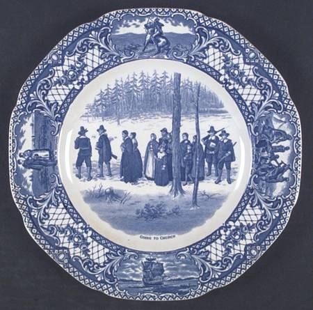 Colonial Times Blue (Floral & Scene Border) Dinner Plate