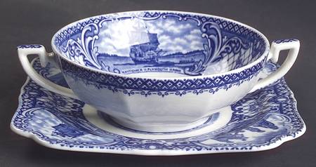 Colonial Times Blue (Floral & Scene Border) Flat Cream Soup Bowl & Saucer Set