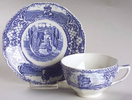 Colonial Times Blue (Floral & Scene Border) Flat Cup & Saucer Set