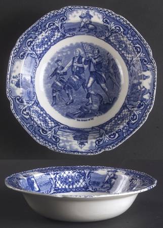 Colonial Times Blue (Floral & Scene Border) Rim Cereal Bowl