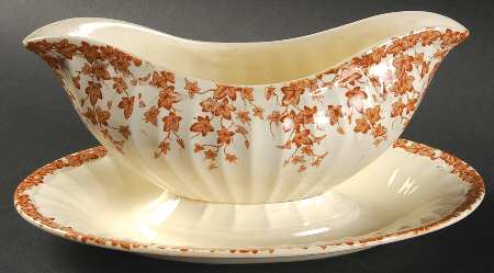 Early English Ivy Brown (Smooth) Gravy Boat with Attached Underplate