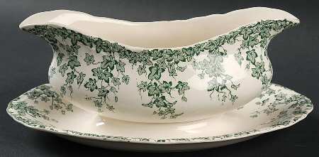 Early English Ivy Green Gravy Boat with Attached Underplate