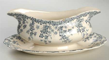 Early English Ivy Blue Gray (Scalloped) Gravy Boat with Attached Underplate