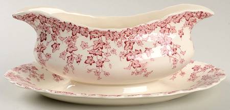 Early English Ivy Pink (Scalloped) Gravy Boat with Attached Underplate