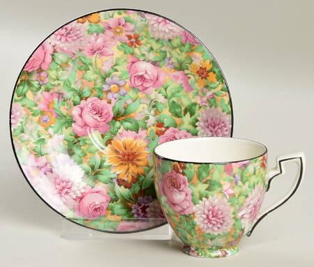 Pink Chintz (Black Trim) Demitasse Cup & Saucer Set