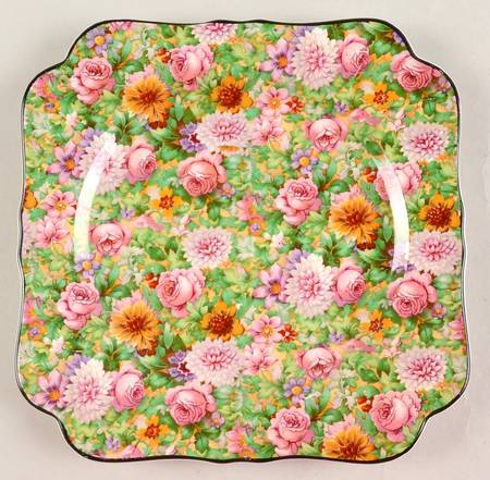 Pink Chintz (Black Trim) Square Luncheon Plate