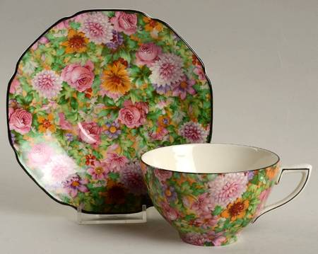 Pink Chintz (Black Trim) Flat Cup & Saucer Set