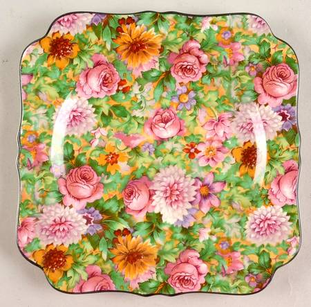 Pink Chintz (Black Trim) Square Bread & Butter Plate
