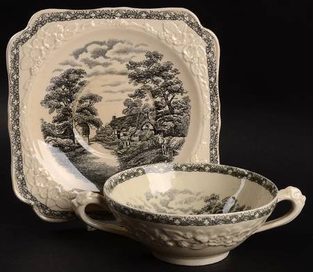 Rural England Flat Cream Soup Bowl & Saucer Set