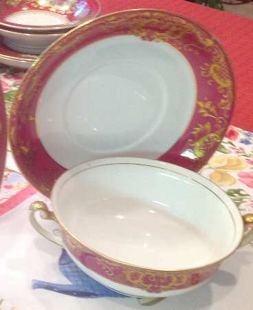 Coronation (All Magenta, Gold) Footed Cream Soup Bowl & Saucer Set