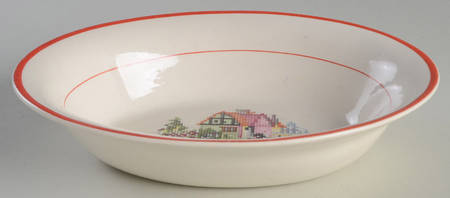 Petit Point House (Red Trim & Verge) 9" Oval Vegetable Bowl