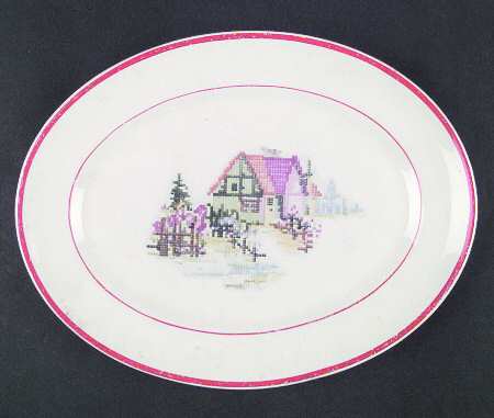 Petit Point House (Red Trim & Verge) 11" Oval Serving Platter