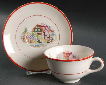 Petit Point House (Red Trim & Verge) Flat Cup & Saucer Set