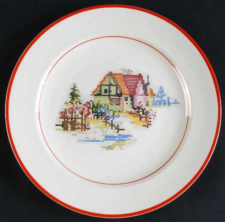 Petit Point House (Red Trim & Verge) Luncheon Plate