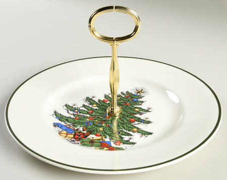 Christmas Tree (Narrow Green Band) Round Serving Plate with Center Handle (Dp) Hc