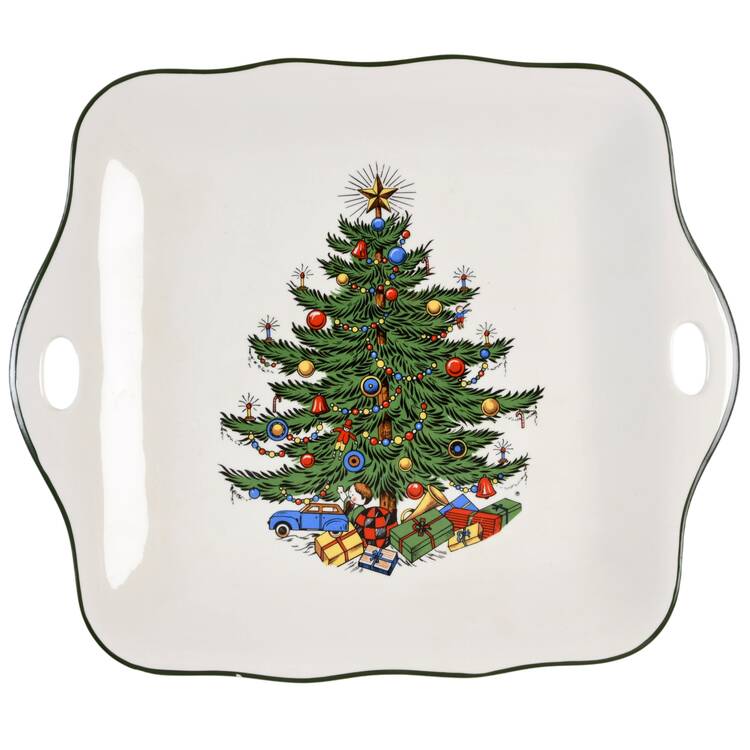 Christmas Tree (Narrow Green Band) Square Handled Cake Plate