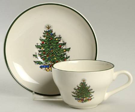 Christmas Tree (Narrow Green Band) Flat Cup & Saucer Set