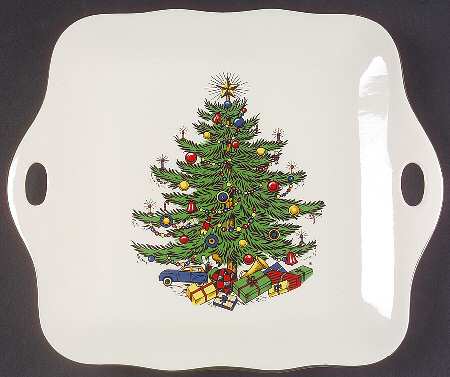Christmas Tree (Narrow Green Band) Square Handled Cake Plate