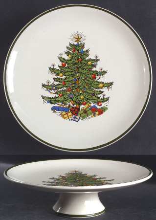 Christmas Tree (Narrow Green Band) 10" Diameter Pedestal Cake Stand