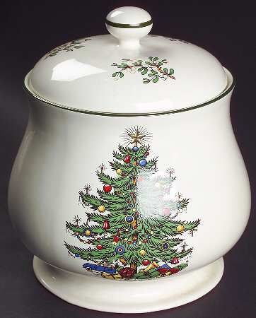 Christmas Tree (Narrow Green Band) Cookie Jar & Lid