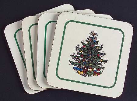 Christmas Tree (Narrow Green Band) Square Wood Coaster with Felt Back - Set of 4