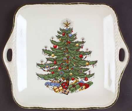 Christmas Tree (Narrow Green Band) Square Handled Cake Plate