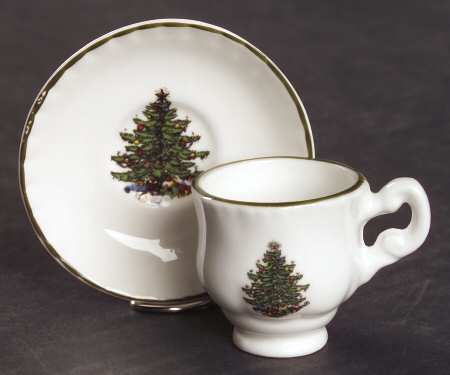 Christmas Tree (Narrow Green Band) Footed Toy Cup and Saucer Set by Cuthbertson