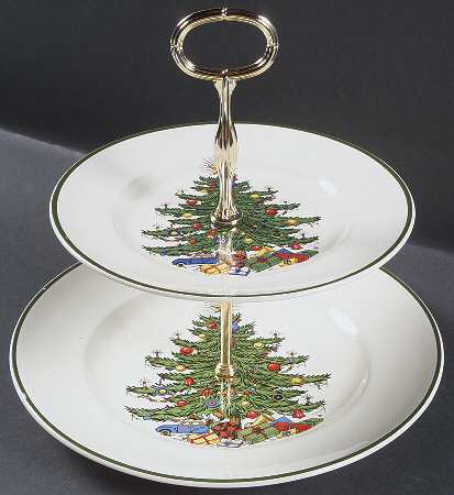 Christmas Tree (Narrow Green Band) 2 Tiered Serving Tray (Dinner & Salad Plate)