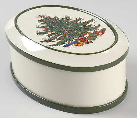Christmas Tree (Narrow Green Band) Metal Oval Box W/Lid