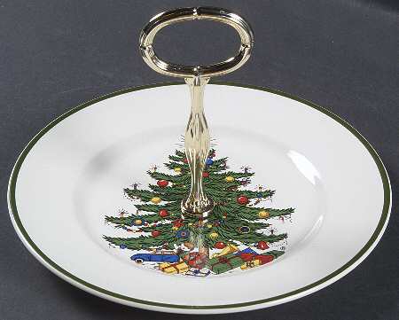 Christmas Tree (Narrow Green Band) Round Serving Plate with Handle (SP)