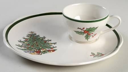 Christmas Tree (Wide Green Band) Snack Plate & Cup Set