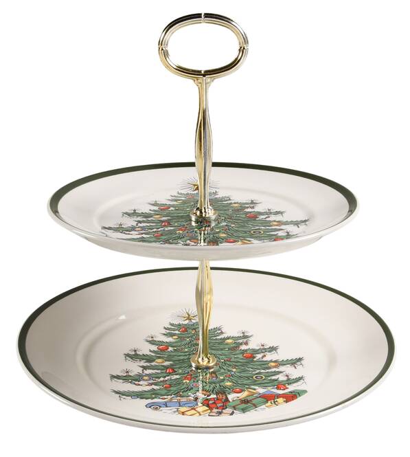 Christmas Tree (Wide Green Band) 6 5/8"-10"  2 Tiered Serving Tray (Dp, Sp) HC