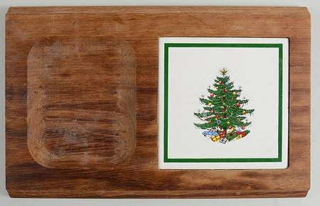 Christmas Tree (Wide Green Band) 14" Rectangular Wood Cheese Tray W/Ceramic Tile