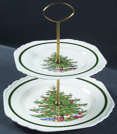 Christmas Tree (Wide Green Band) 2 Tiered Serving Tray (Dinner & Salad Plate)