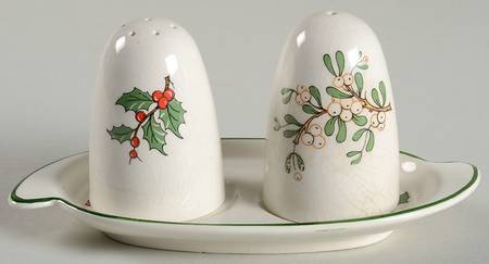 Christmas Tree (Wide Green Band) (3 Pc) Salt and Pepper Tray Set