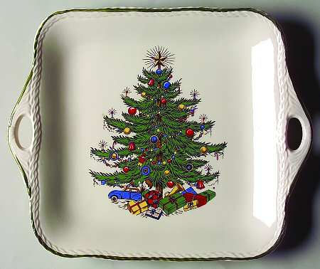 Christmas Tree (Wide Green Band) Square Handled Cake Plate