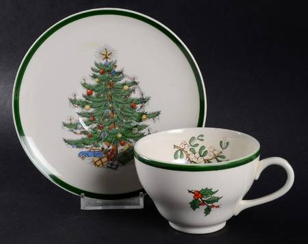 Christmas Tree (Wide Green Band) Footed Cup & Saucer Set