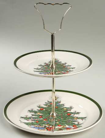 Christmas Tree (Wide Green Band) 2-Tiered Serving Tray (Salad & Bread/Butter Plate)